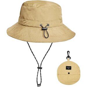 Unisex Khaki Nylon Mesh Wide Brim Boonie With Chin Strap Packable Bucket Sun Hat